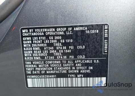 2019 Volkswagen Atlas 3.6L V6 Se W/Technology из США, поврежденный, VIN 1V2WR2CAXKC504801